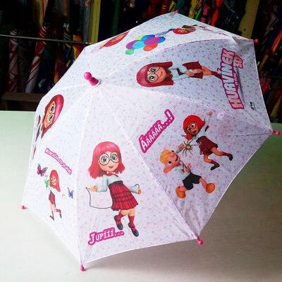 Compacte paraplu voor kinderen met plastic handvat en open diameter onder de 90 cm met aanpasbare afdrukken voor kinderen