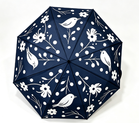 Marineblauw wit vogel bloemenprint automatische 3-voudige paraplu anti-UV winddicht zon regen parasol voor dames dagelijks reizen buiten woon-werkverkeer
