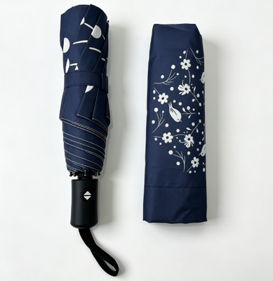 Marineblauw wit vogel bloemenprint automatische 3-voudige paraplu anti-UV winddicht zon regen parasol voor dames dagelijks reizen buiten woon-werkverkeer