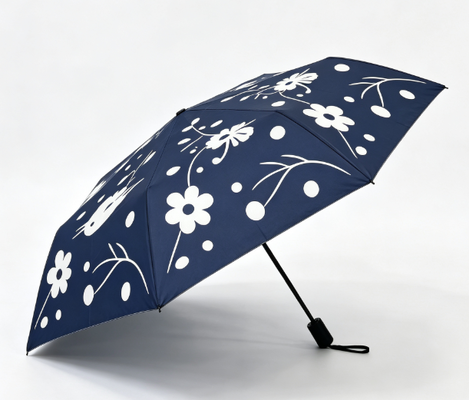 Marineblauw wit vogel bloemenprint automatische 3-voudige paraplu anti-UV winddicht zon regen parasol voor dames dagelijks reizen buiten woon-werkverkeer