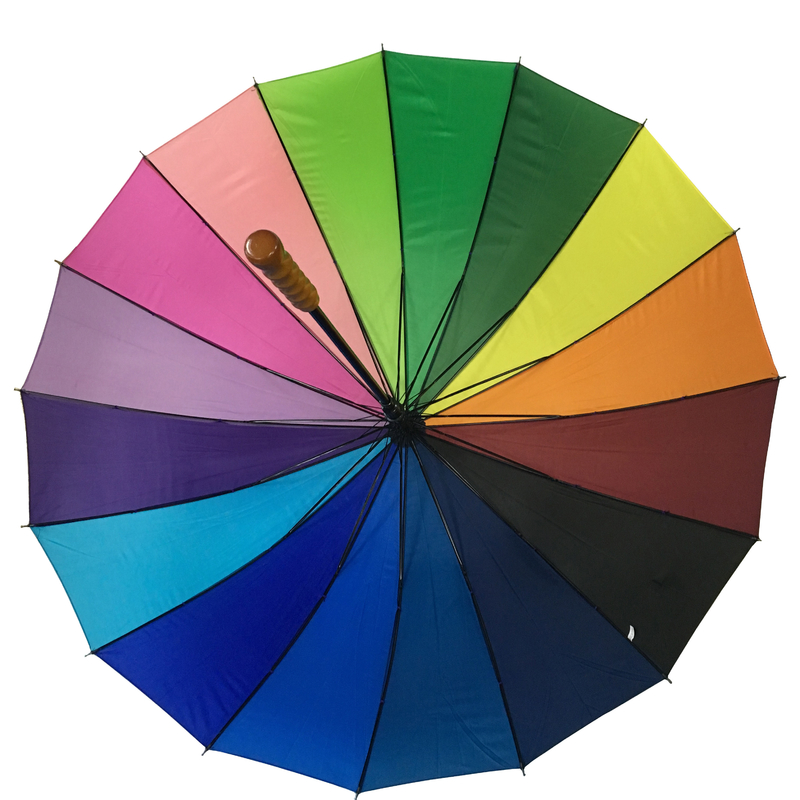 16 kleuren regenboog paraplu Metalen schacht Houten handvat Pongee Cover